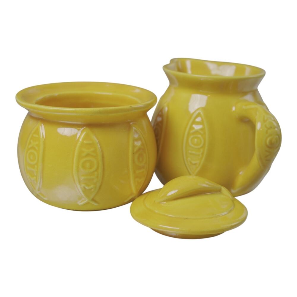 Federalist Buttercup Yellow Fish Creamer Sugar Bowl Vintage Set - Picture 5 of 12